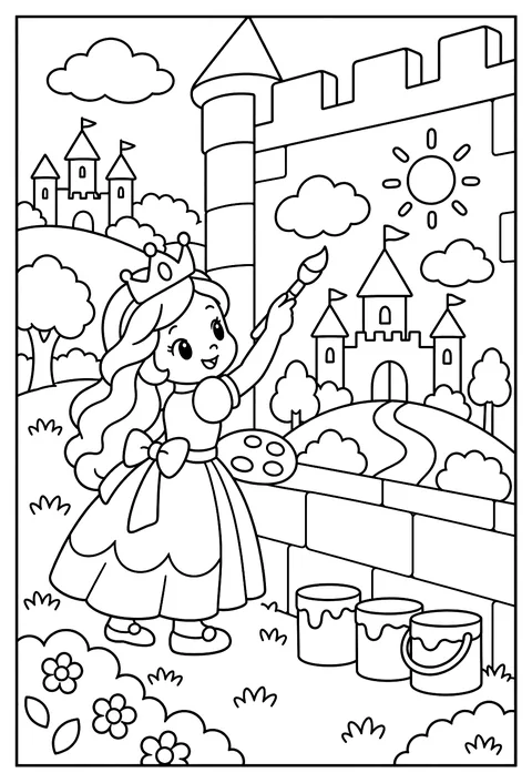 A princess painting a mural of her kingdom on a castle wall coloring page