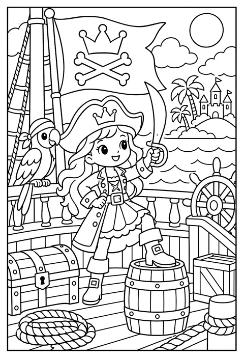 A princess pirate on a ship with a flag showing a crown and crossbones coloring page
