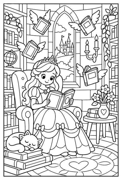 A princess reading in a library tower, books flying around like birds coloring page