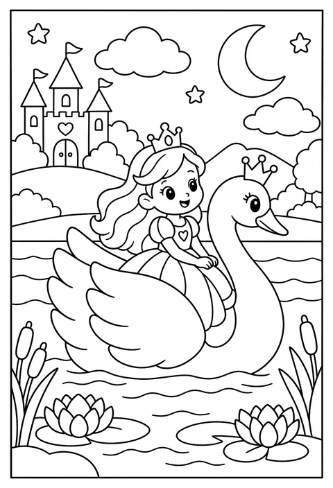 A princess riding a giant swan across a moonlit lake coloring page