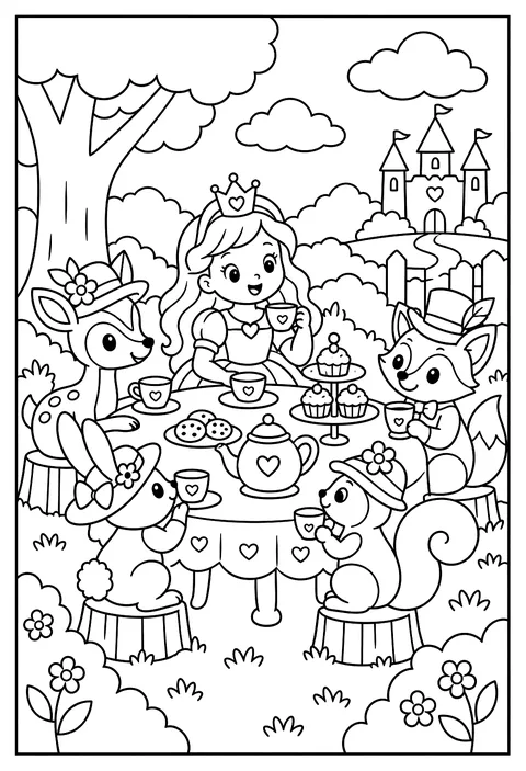 A princess tea party where all the guests are woodland animals wearing hats coloring page