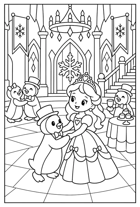 A princess winter ball in an ice palace with penguins as guests coloring page