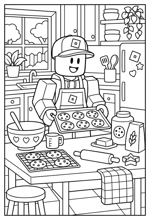 A Roblox avatar baking cookies in a blocky kitchen coloring page