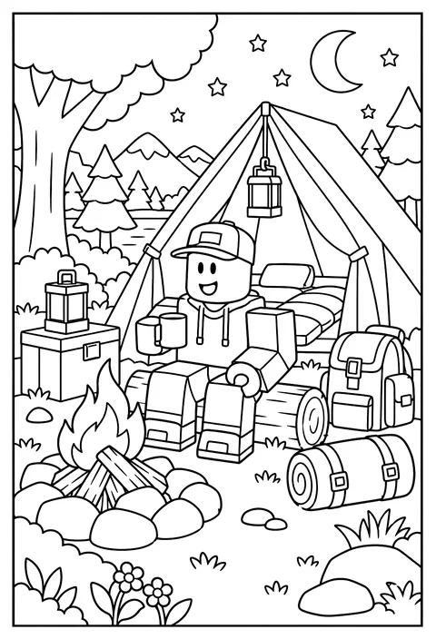 A Roblox avatar camping in a tent with a blocky lantern and stars overhead coloring page