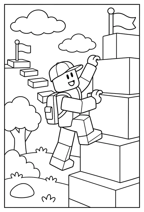 A Roblox avatar climbing a tall tower of stacked blocks coloring page