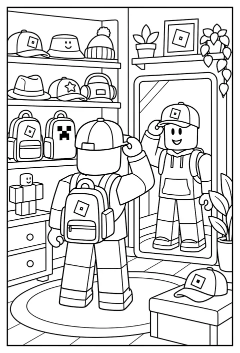 A Roblox avatar customizing its look in front of a mirror with hats and backpacks on shelves coloring page