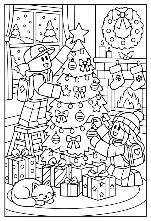 A Roblox avatar decorating a Christmas tree made of blocks with glowing lights coloring page