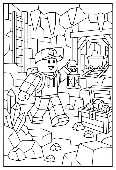A Roblox avatar exploring a blocky cave holding a glowing lantern coloring page