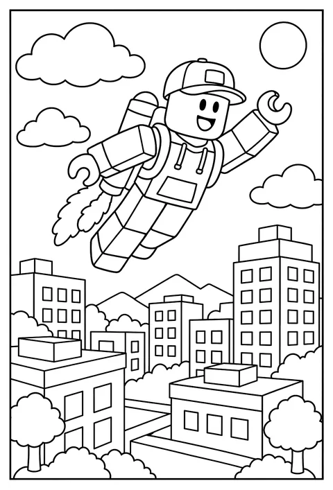A Roblox avatar flying with a jetpack over a blocky skyline coloring page
