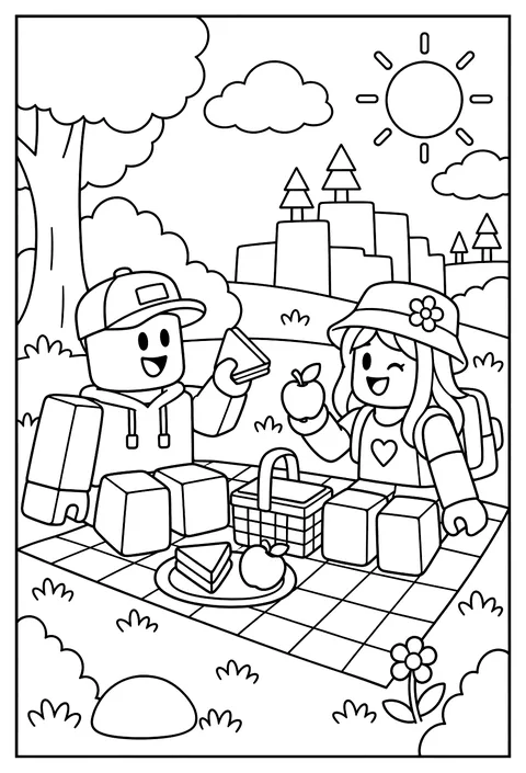 A Roblox avatar having a picnic on a blocky hill with a basket and blanket coloring page