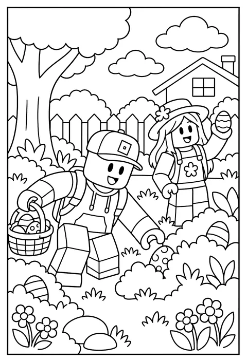 A Roblox avatar hunting for hidden egg-shaped blocks in a garden at Easter coloring page