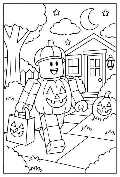A Roblox avatar in a pumpkin costume trick-or-treating with a blocky candy bag coloring page