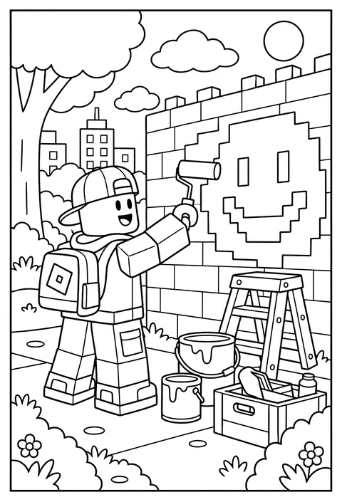 A Roblox avatar painting a mural on a blocky wall with a paint roller coloring page