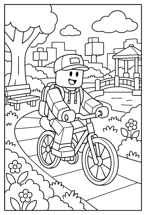 A Roblox avatar riding a bicycle through a blocky park coloring page