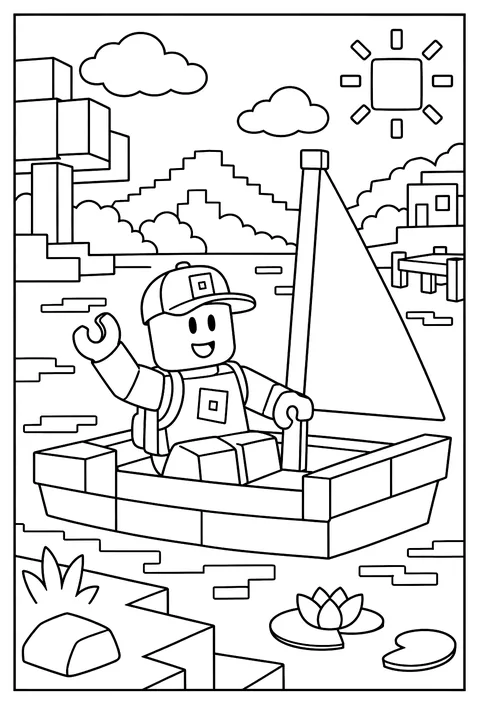 A Roblox avatar sailing a blocky boat across a calm pixelated lake coloring page