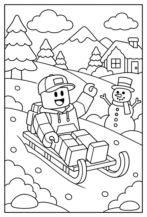 A Roblox avatar sledding down a snowy blocky hill coloring page