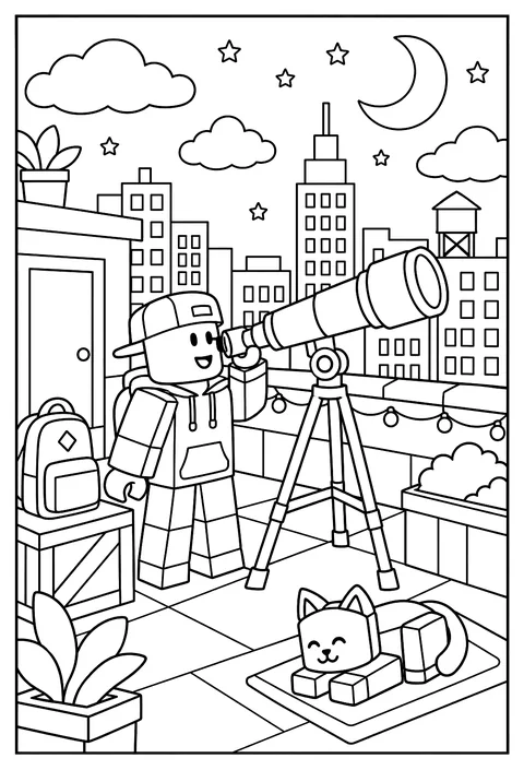A Roblox avatar stargazing on a rooftop with a telescope among blocky buildings coloring page
