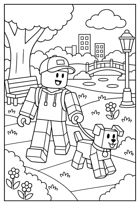 A Roblox avatar walking a blocky pet dog on a leash in the park coloring page