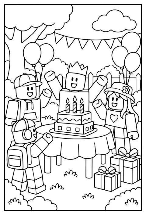 Roblox avatars gathered at a birthday party with a blocky cake and balloons coloring page