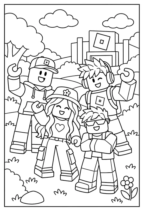 Four different Roblox avatars standing together in a group pose coloring page