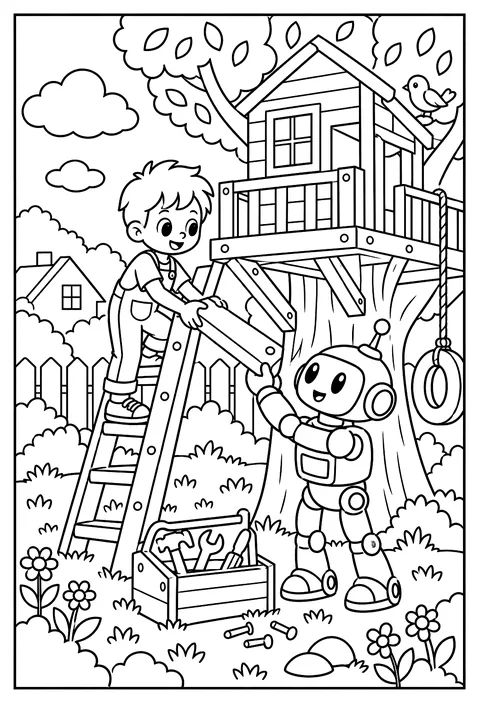 A robot and a kid building a tree house together coloring page