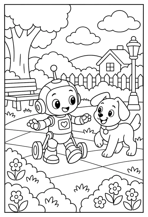 A baby robot learning to walk with training wheels coloring page
