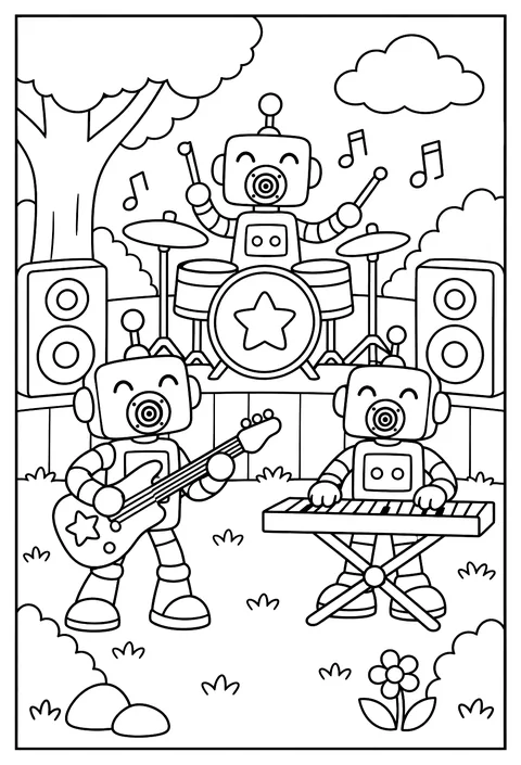 A robot band with speakers for mouths coloring page
