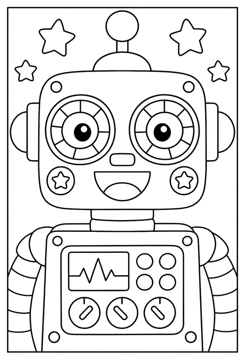 Close-up of a robot face made of dials, buttons and screens to color coloring page