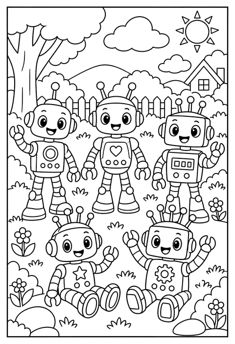 Count-and-color: five robots with 1 to 5 antennae coloring page