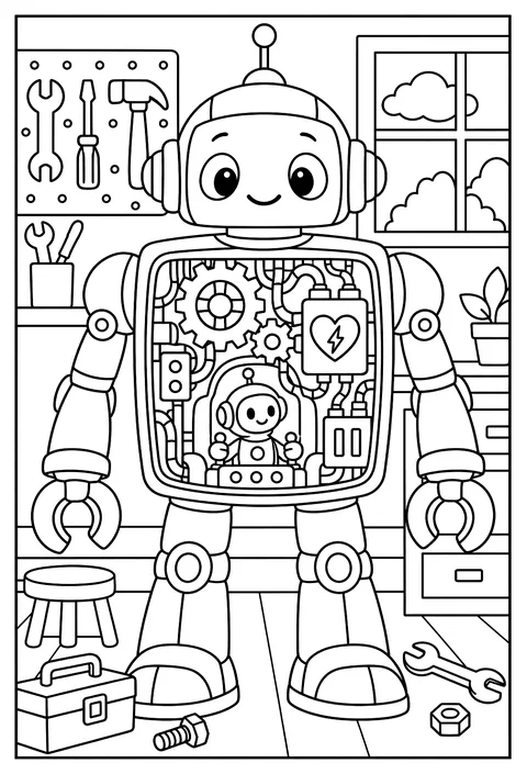 Cutaway of a robot showing gears, wires, a battery heart and a tiny pilot inside coloring page