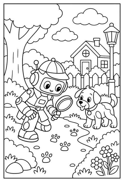 A robot detective scanning footprints coloring page