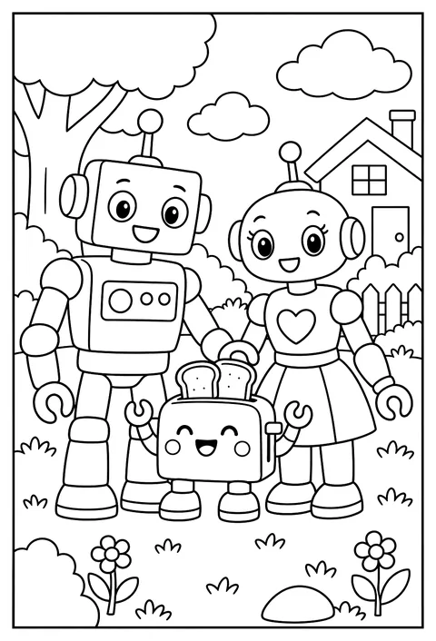 A robot family portrait, the baby is a toaster coloring page