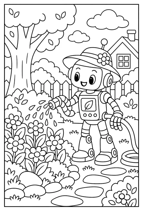 A robot gardener watering flowers with hose fingers coloring page