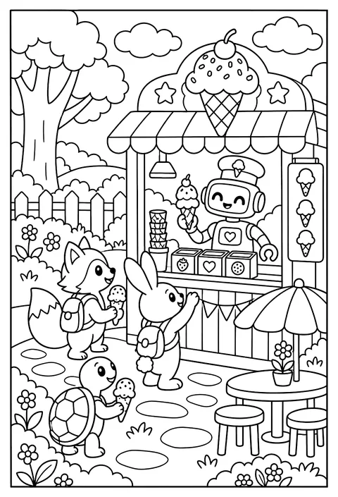 A robot ice-cream shop that never melts the scoops coloring page