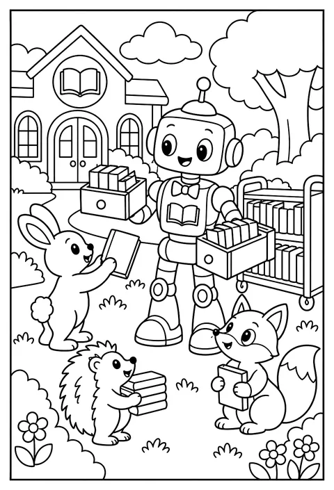 A robot librarian with drawer arms full of books coloring page