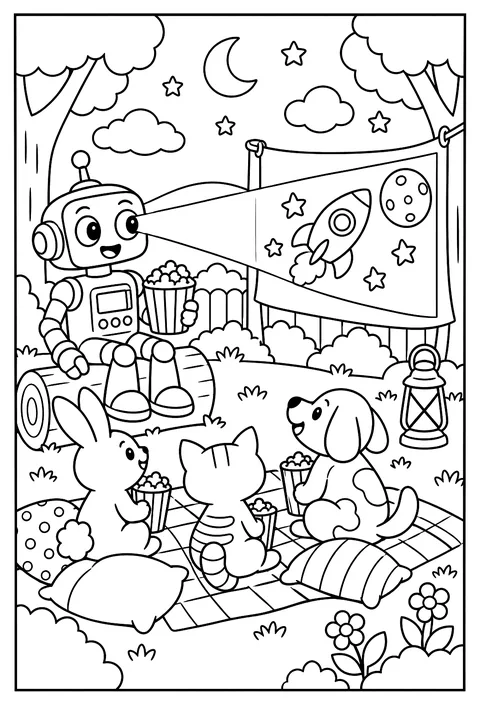 A robot movie night projecting from its eyes coloring page