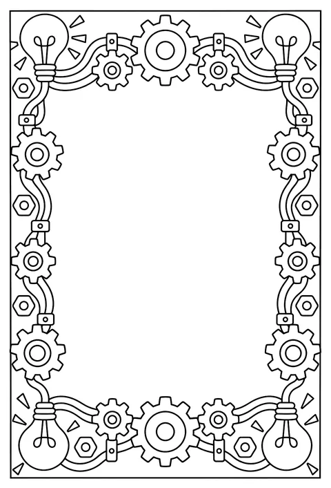A page-border pattern of gears, bolts, wires and lightbulbs around an empty frame coloring page