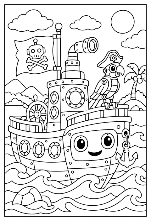 A robot pirate ship with a periscope and a robot parrot coloring page