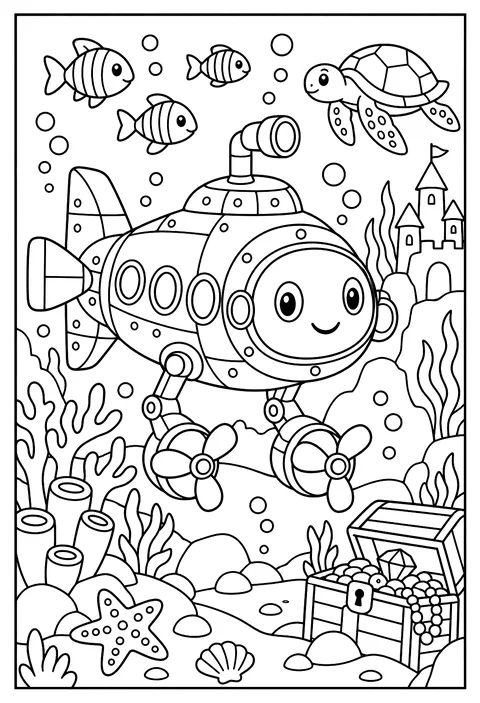 A robot submarine with propeller feet coloring page