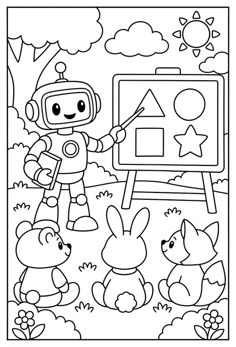 A robot teacher with a screen for a chalkboard coloring page