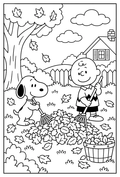 Snoopy and Charlie Brown raking a big pile of autumn leaves together coloring page
