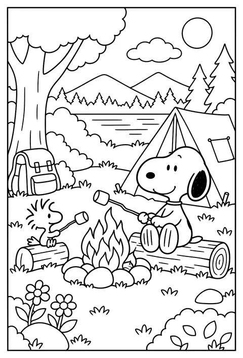 Snoopy and Woodstock camping with a small tent and a crackling campfire coloring page