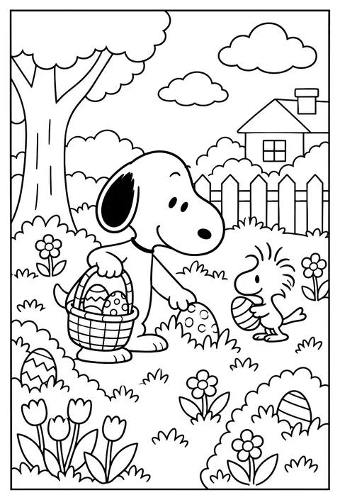 Snoopy and Woodstock hunting for Easter eggs with a woven basket coloring page