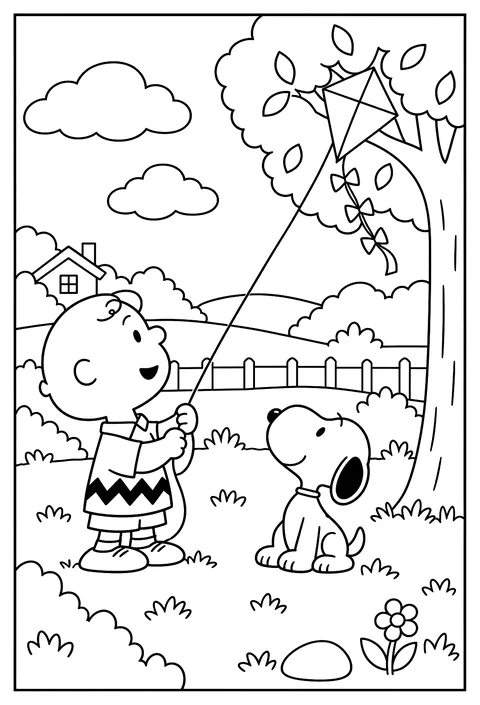 Charlie Brown and Snoopy flying a kite that gets stuck in a tree coloring page