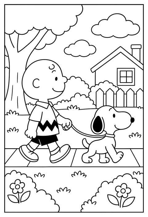 Charlie Brown walking Snoopy on a leash down a sidewalk coloring page