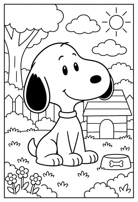 A close-up portrait of Snoopy's face with his round black nose and floppy ears coloring page