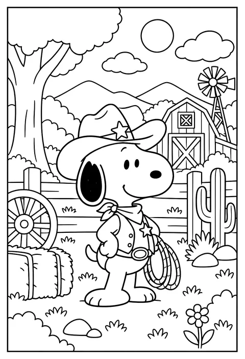 Snoopy dressed as a cowboy with a hat and a coiled lasso coloring page