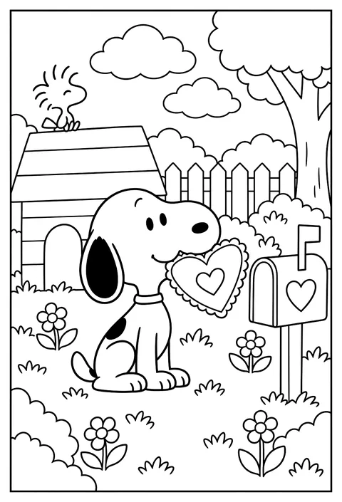 Snoopy holding a big heart-shaped Valentine card in his mouth coloring page