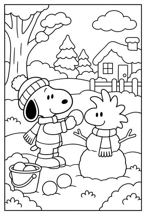Snoopy in a snowsuit building a snowman shaped like Woodstock coloring page