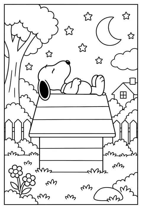 Snoopy lying on his back on the doghouse roof stargazing at the moon and stars coloring page